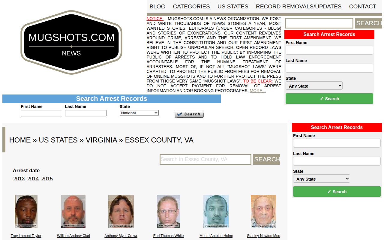 Essex County historic Mugshots.com booking-record index screenshot