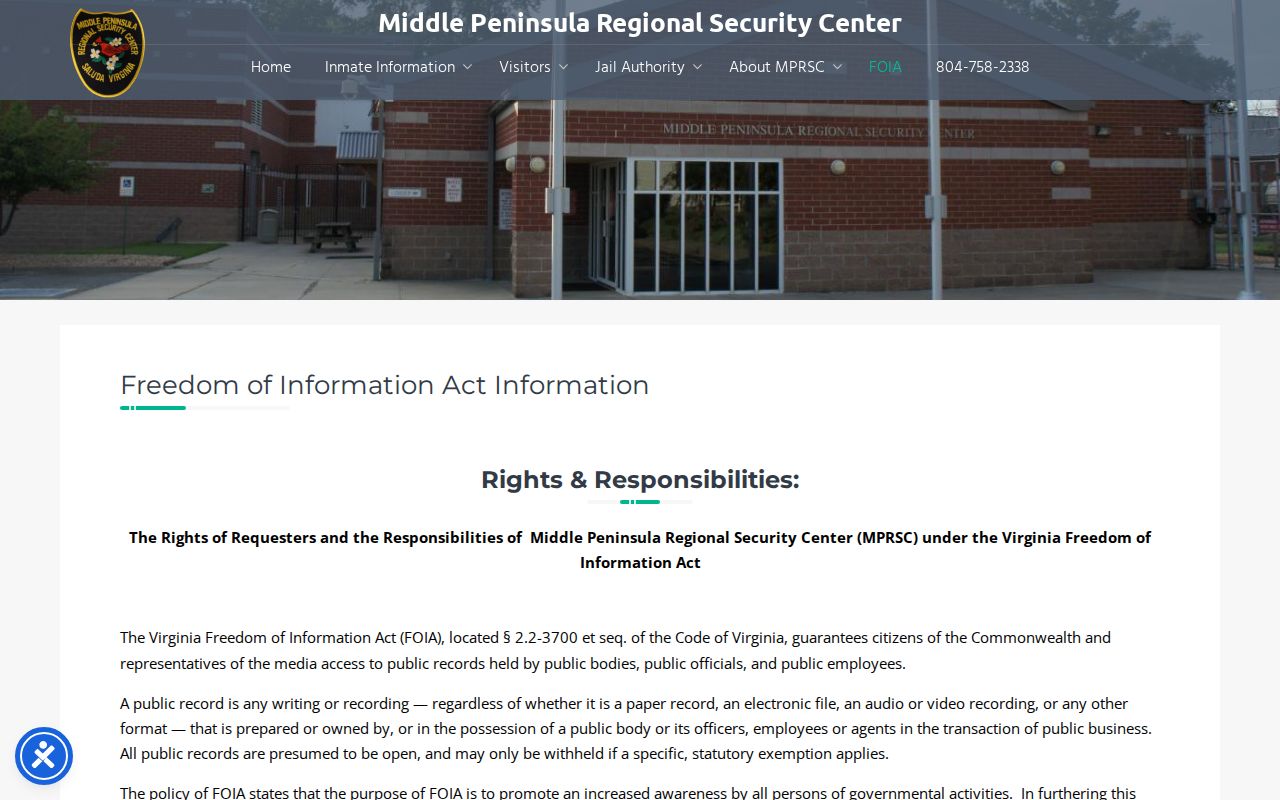 Middle Peninsula Regional Security Center FOIA request information page