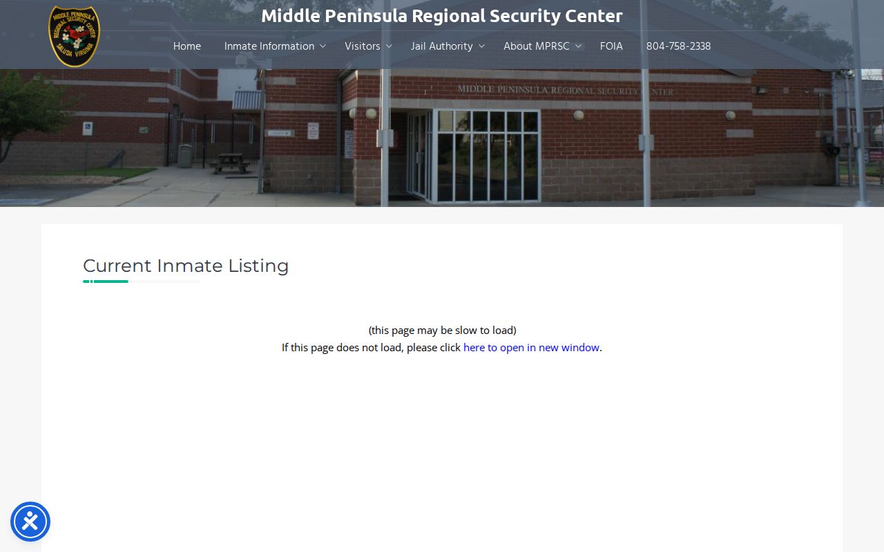 Middle Peninsula Regional Security Center current inmate listing landing page